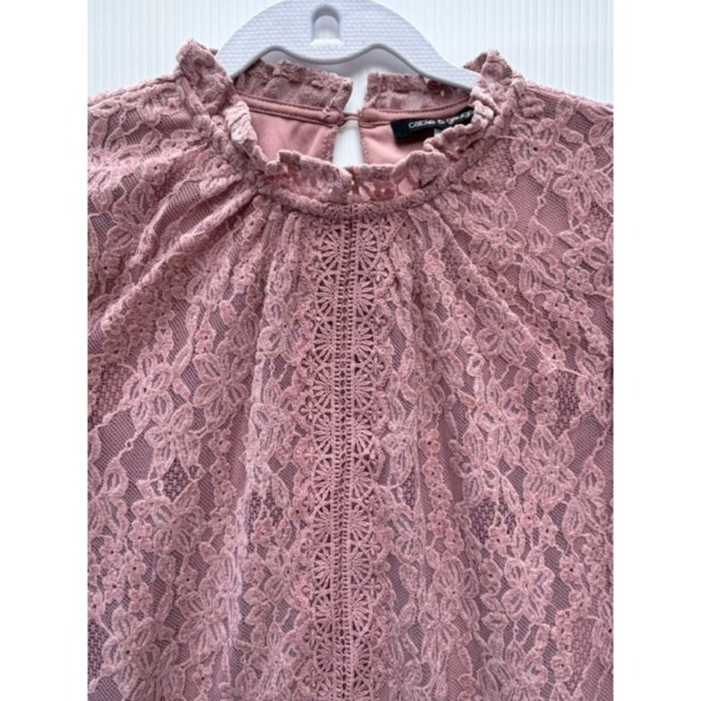 Cable &‎ Gauge Womens Lace Blouse Top Large Pink Ruffle Long Sleeve Keyhole Chic - Picture 2 of 10